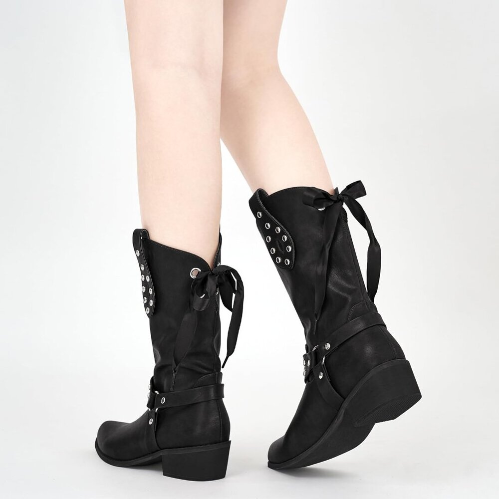 Women's Western Leather Mid Calf Fashion Chunky Cowgirl Pointed Toe Black Boot - Picture 6 of 7